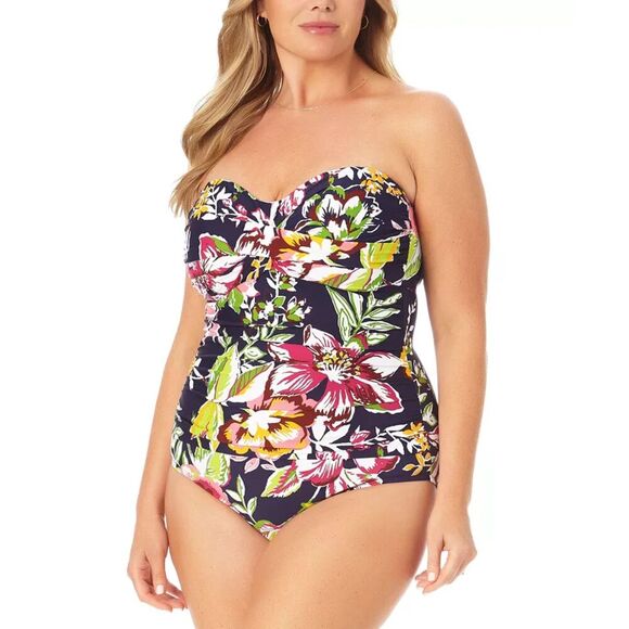 Anne Cole Dark Blue Multicolor Floral Twist Front Strapless 1 Piece Swimsuit 20W - Picture 1 of 10